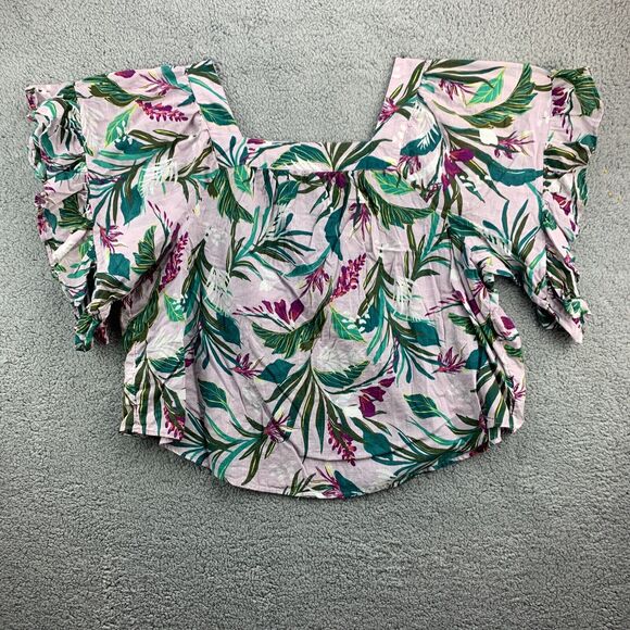 Terra & Sky Womens Plus Size 3X Purple Tropical Square Neck Top Short Sleeve - Picture 2 of 9